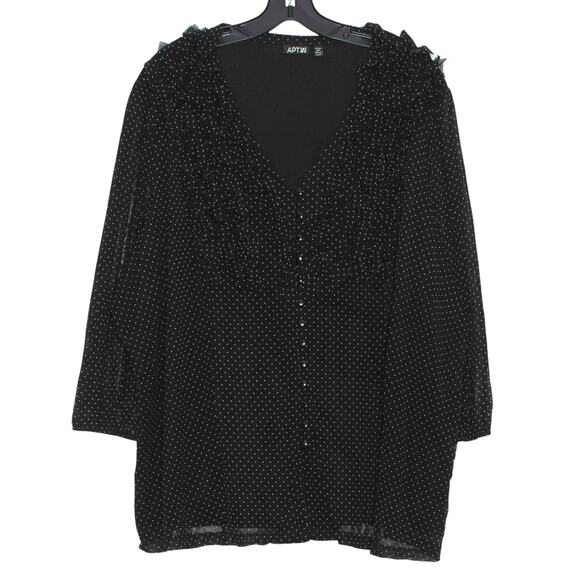 Apt 9 Top 3/4 Sleeve Minimalist Retro Sheer Ruffle Polka Dot Button Up Black 3X - Picture 1 of 6
